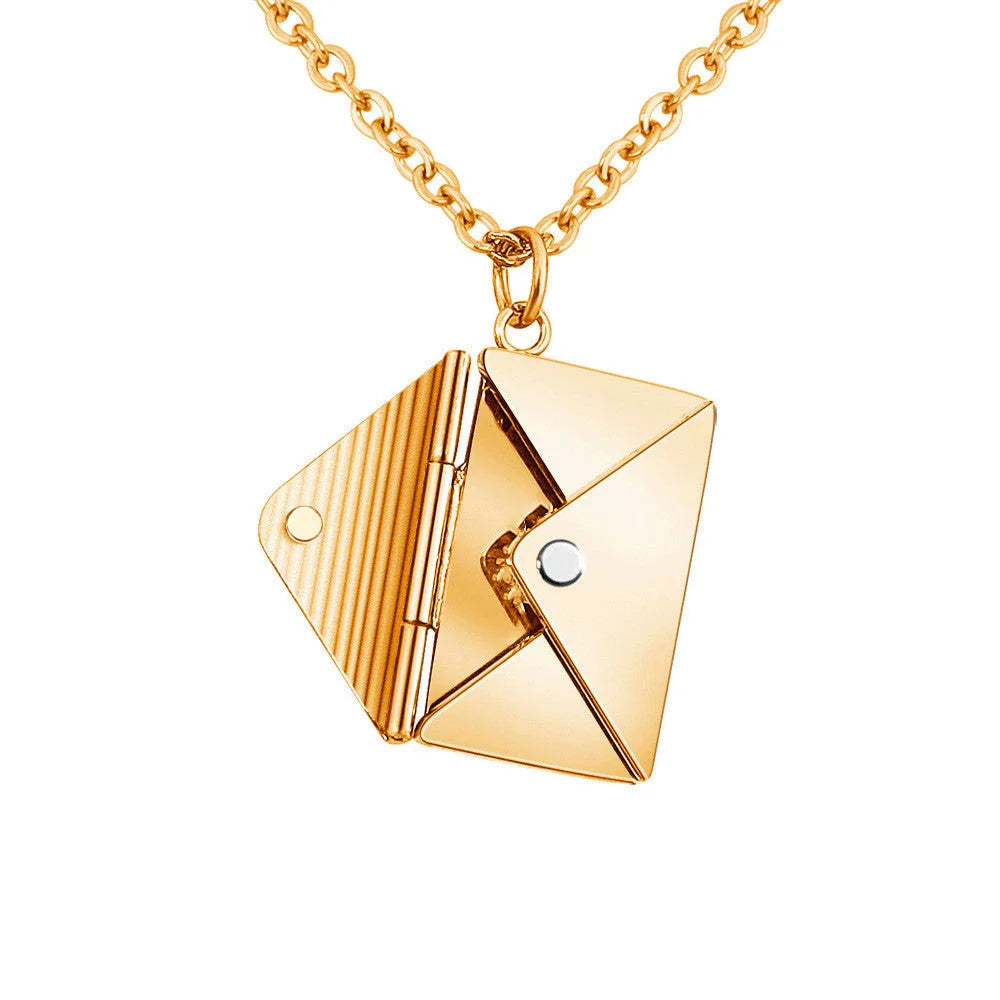 Stylish titanium steel envelope necklace with a discreet compartment for storing personal keepsakes