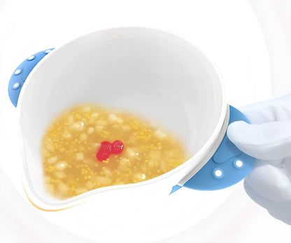 Six-piece baby tableware set with antibacterial polymer material in blue and red colours