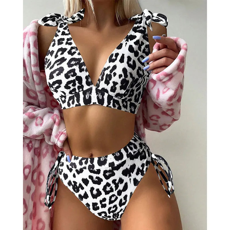 Women's purple leopard print lace-up top and high-waist shorts two-piece suit set