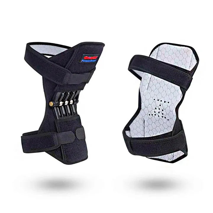 Adjustable spring knee brace for sports support in black, shown with straps.