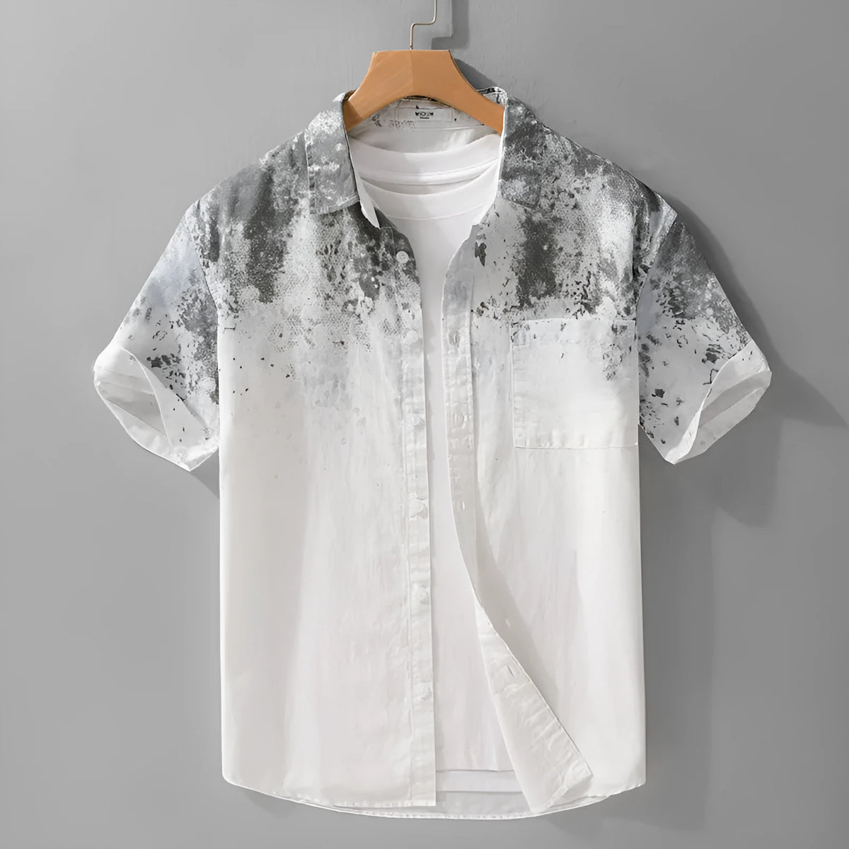 Men's grey hanging dyed pure cotton short-sleeved shirt with loose cardigan fit