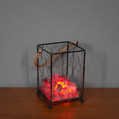LED Flame Fireplace Lamp with simulated charcoal effect, creating a cozy and inviting ambiance in a living room.