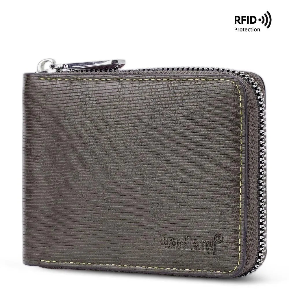 Leather anti-theft zipper wallet in black or brown with embossing pattern and credit card slots