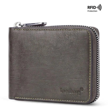 Leather anti-theft zipper wallet in black or brown with embossing pattern and credit card slots