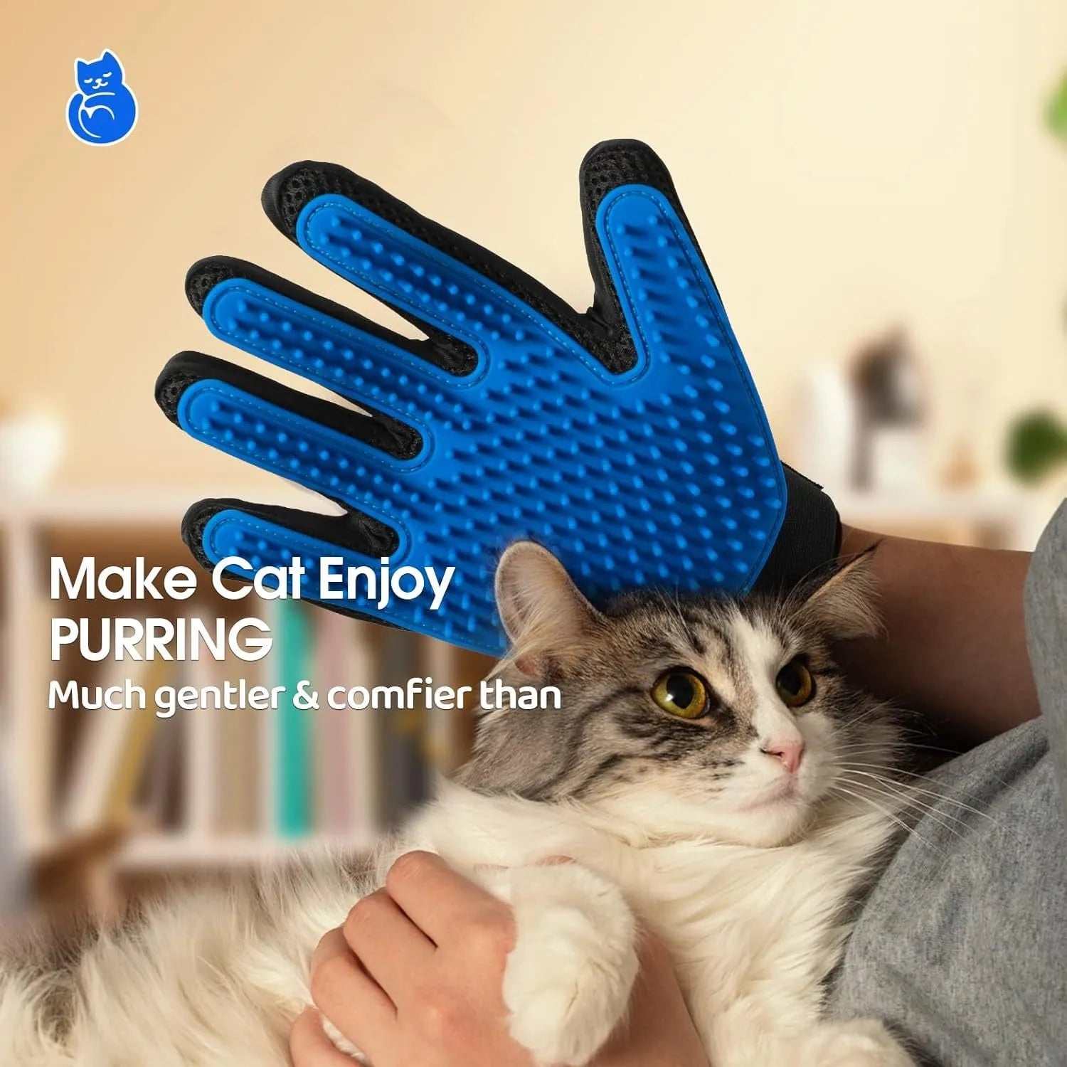 Blue pet grooming gloves with silicone tips and adjustable wrist strap for gentle shedding removal