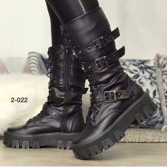Women's black mid-calf knight boots with side zipper and metal buckle details