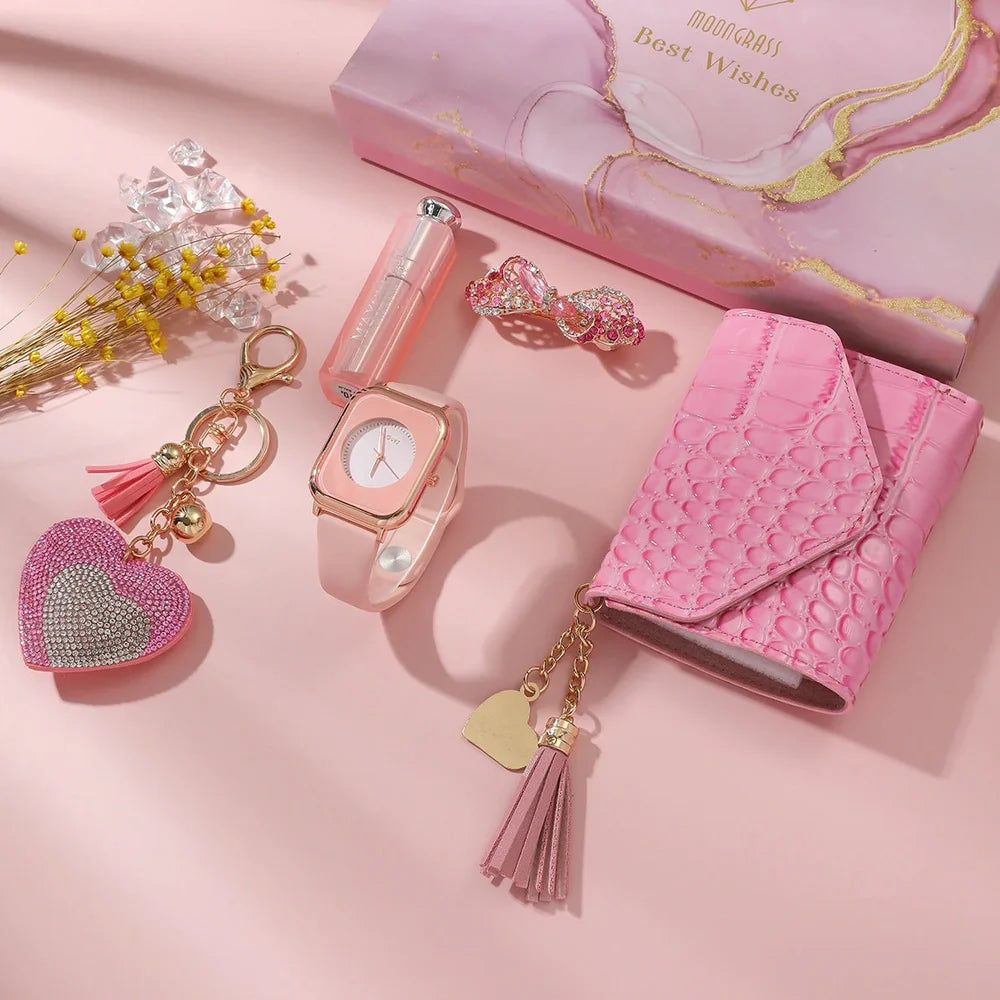 Ladies watch gift set with 35mm dial, matching wallet, vanity mirror, key chain and brooch accessories