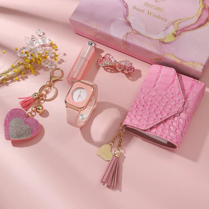 Ladies watch gift set with 35mm dial, matching wallet, vanity mirror, key chain and brooch accessories