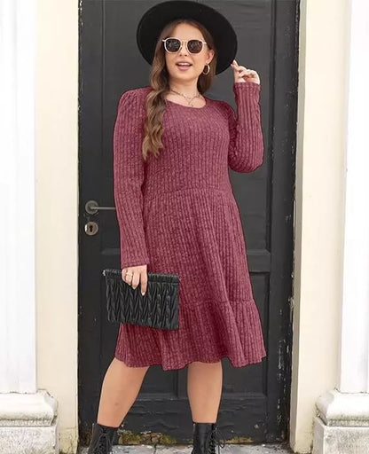 Solid color round neck knitted dress sweater in various colors and sizes