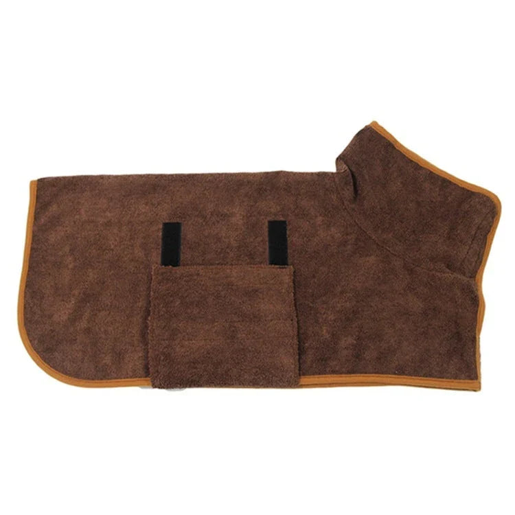 Absorbent dog bathrobe made of soft microfiber material with adjustable waist strap for a custom fit