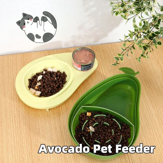 Avocado-shaped automatic pet feeder and water dispenser for dogs and cats, featuring slow-feed bowl, adjustable water flow, and durable construction