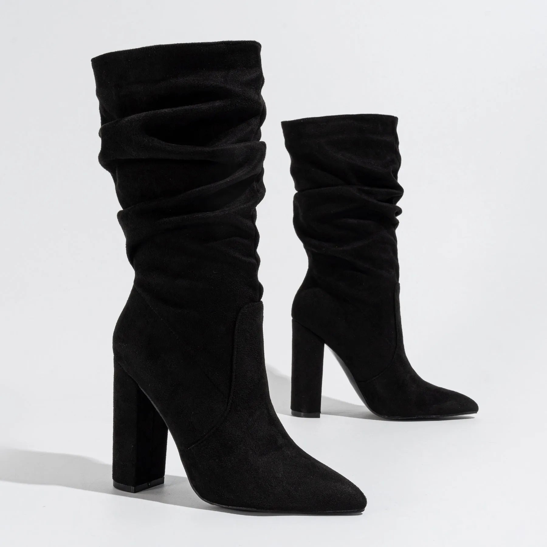 Women's chunky heel pointed-toe suede boots in black, apricot, or red with 8cm+ heel height