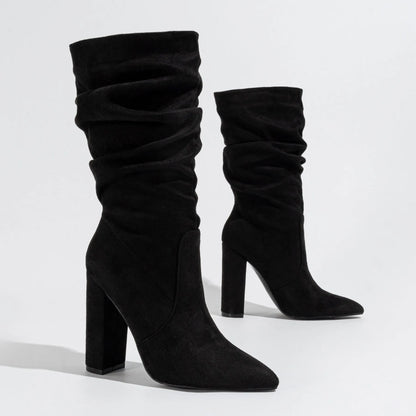 Women's chunky heel pointed-toe suede boots in black, apricot, or red with 8cm+ heel height