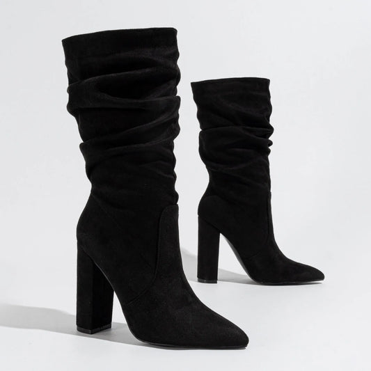 Women's chunky heel pointed-toe suede boots in black, apricot, or red with 8cm+ heel height