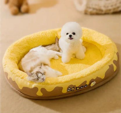 Grey detachable dog cat bed with thick velvet lining shown in S M L XL sizes
