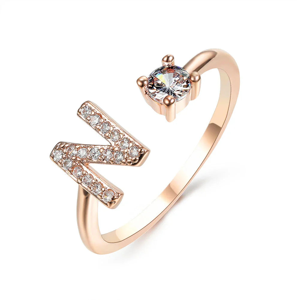 Personalized Initial Letter Adjustable Ring made of copper alloy and zircon, showcasing a vintage-inspired design