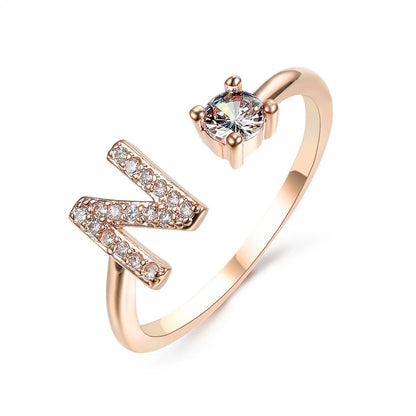 Personalized Initial Letter Adjustable Ring made of copper alloy and zircon, showcasing a vintage-inspired design