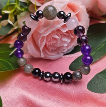 8mm gemstone beaded bracelet in green or purple, unisex design