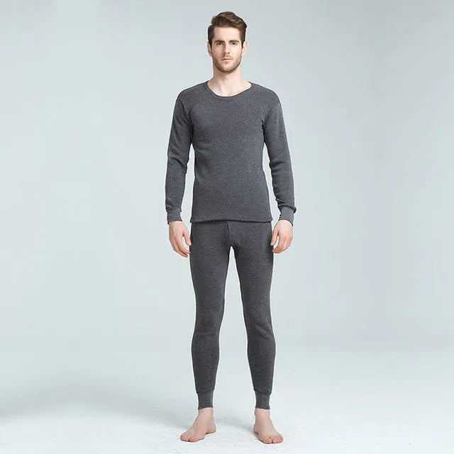 Men's plus velvet thick round neck thermal underwear set with long-sleeve pullover top and trousers in dark grey, light grey, black, or dark blue