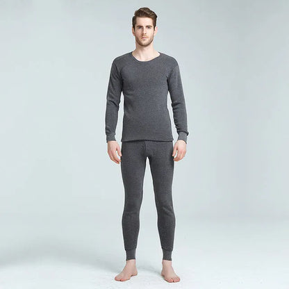 Men's plus velvet thick round neck thermal underwear set with long-sleeve pullover top and trousers in dark grey, light grey, black, or dark blue
