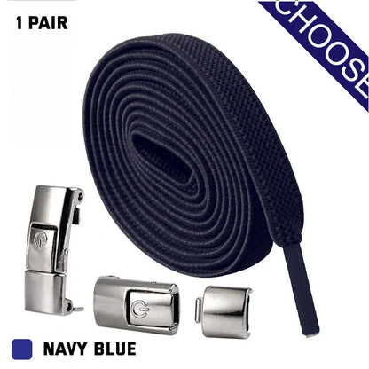 A pair of black widened flat elastic shoelaces with a silver press lock buckle on a white background.