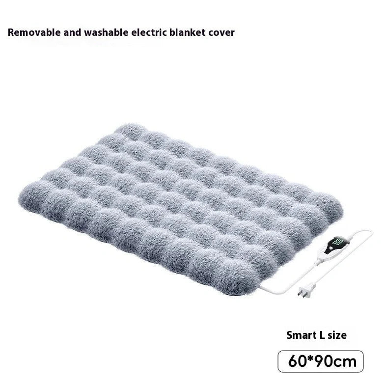 Gray pet electric blanket with intelligent temperature control for cats and dogs showing four size options