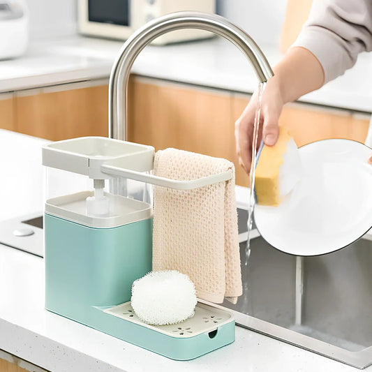 Blue kitchen sink dispenser with towel bar and shelf measuring 25cm wide