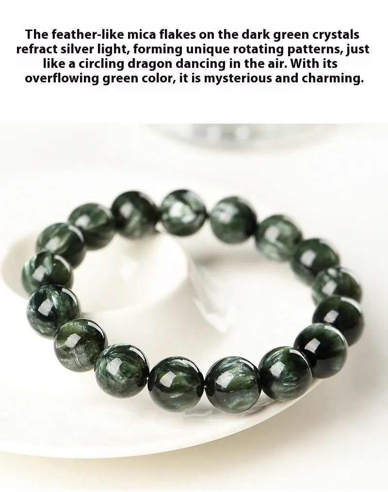 Green Dragon Crystal bracelet with 8-9mm geometry beads and Ruyi elements on wrist