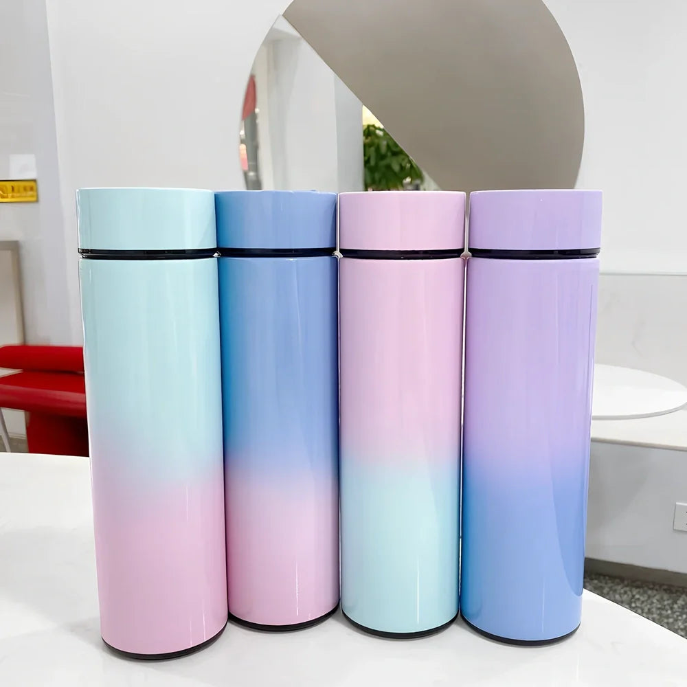 Stainless steel vacuum flask with temperature display showing beverage temperature, 22.5cm height