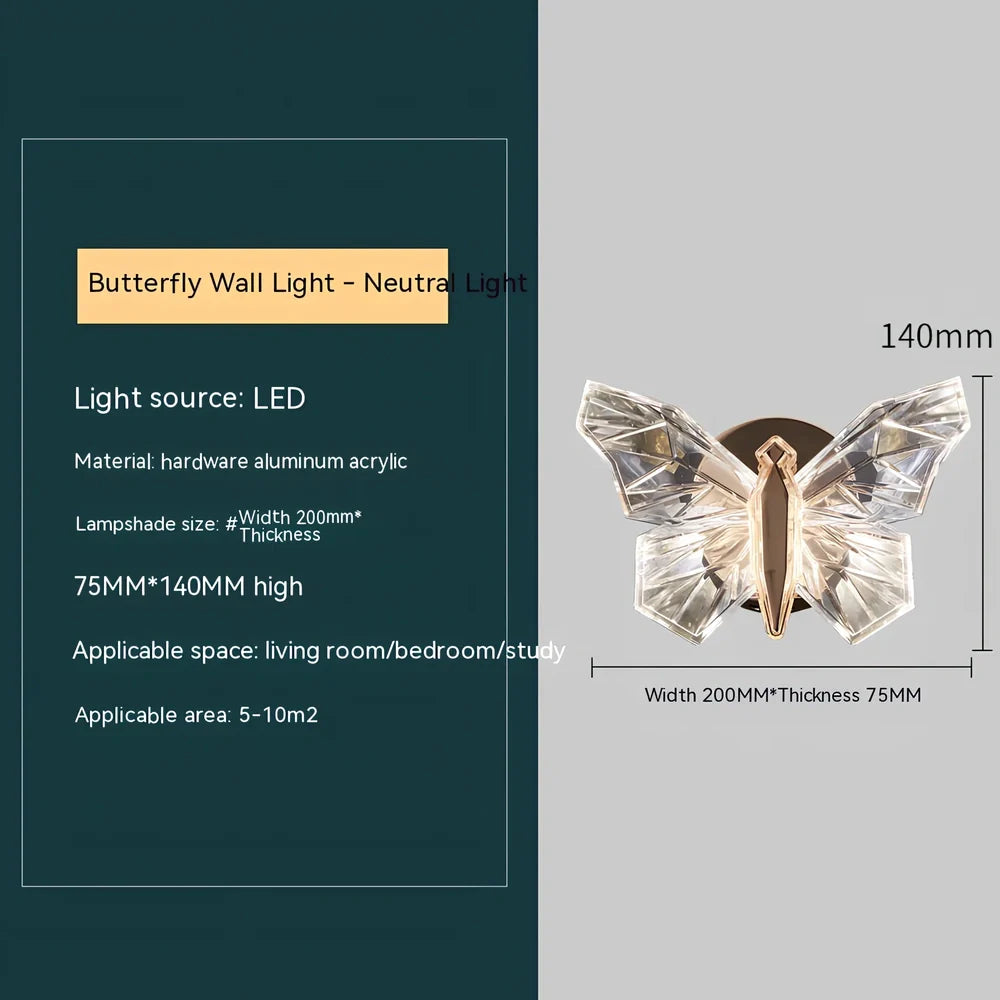 Butterfly-shaped crystal wall lamp with aluminium frame and multi-colour LED lighting for bedroom decoration