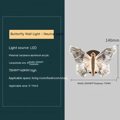 Butterfly-shaped crystal wall lamp with aluminium frame and multi-colour LED lighting for bedroom decoration