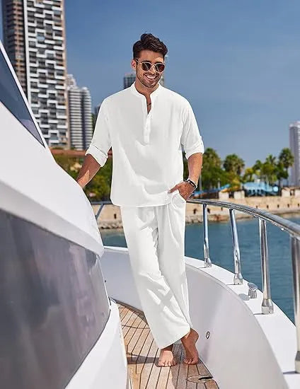 Men's casual cotton long sleeve trousers suit in solid colours on a hanger.