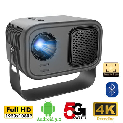 Black HD smart portable projector with remote control and cables on a table