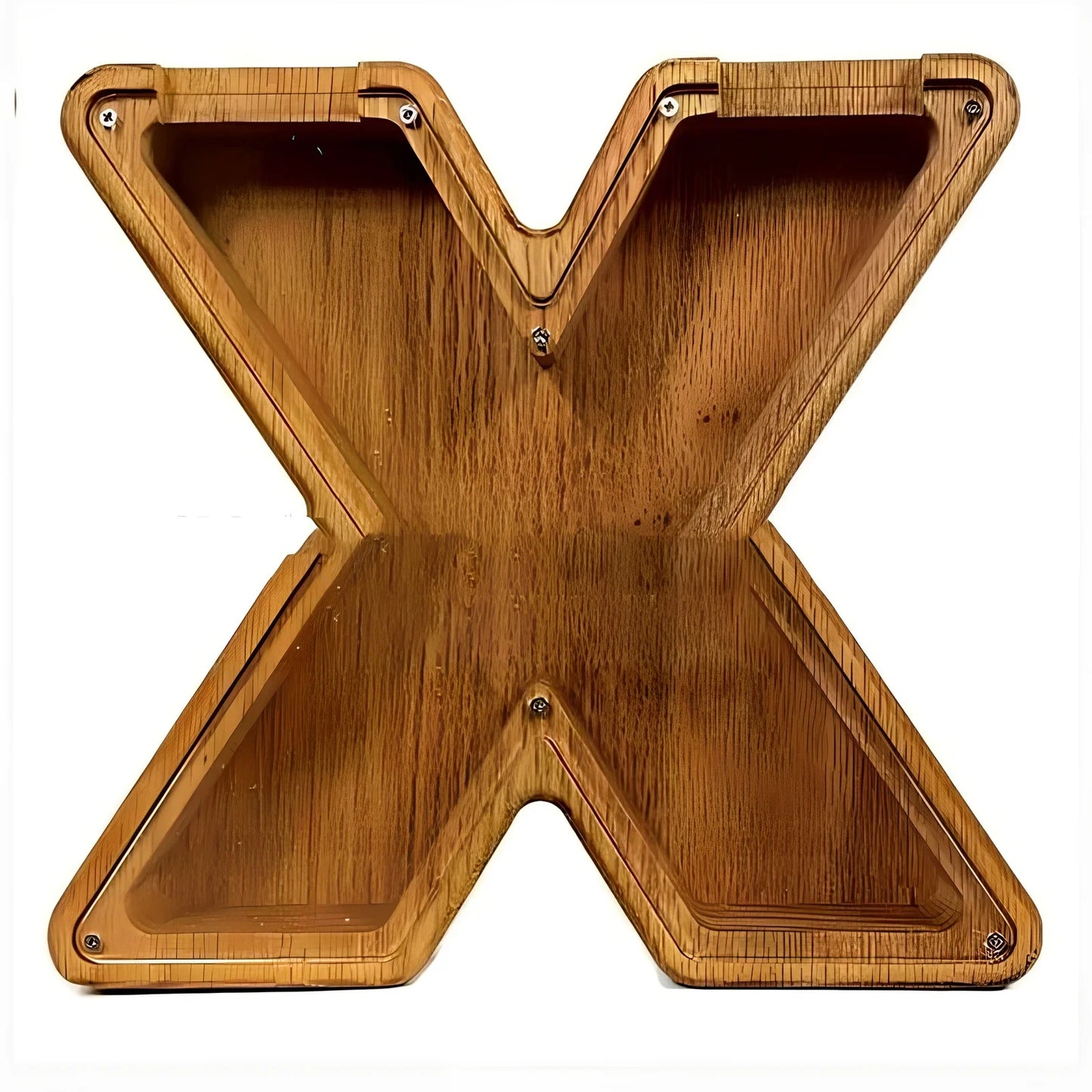 Handmade wooden letter piggy bank with personalised initial, showing 15cm height and 5cm coin slot for UK coins