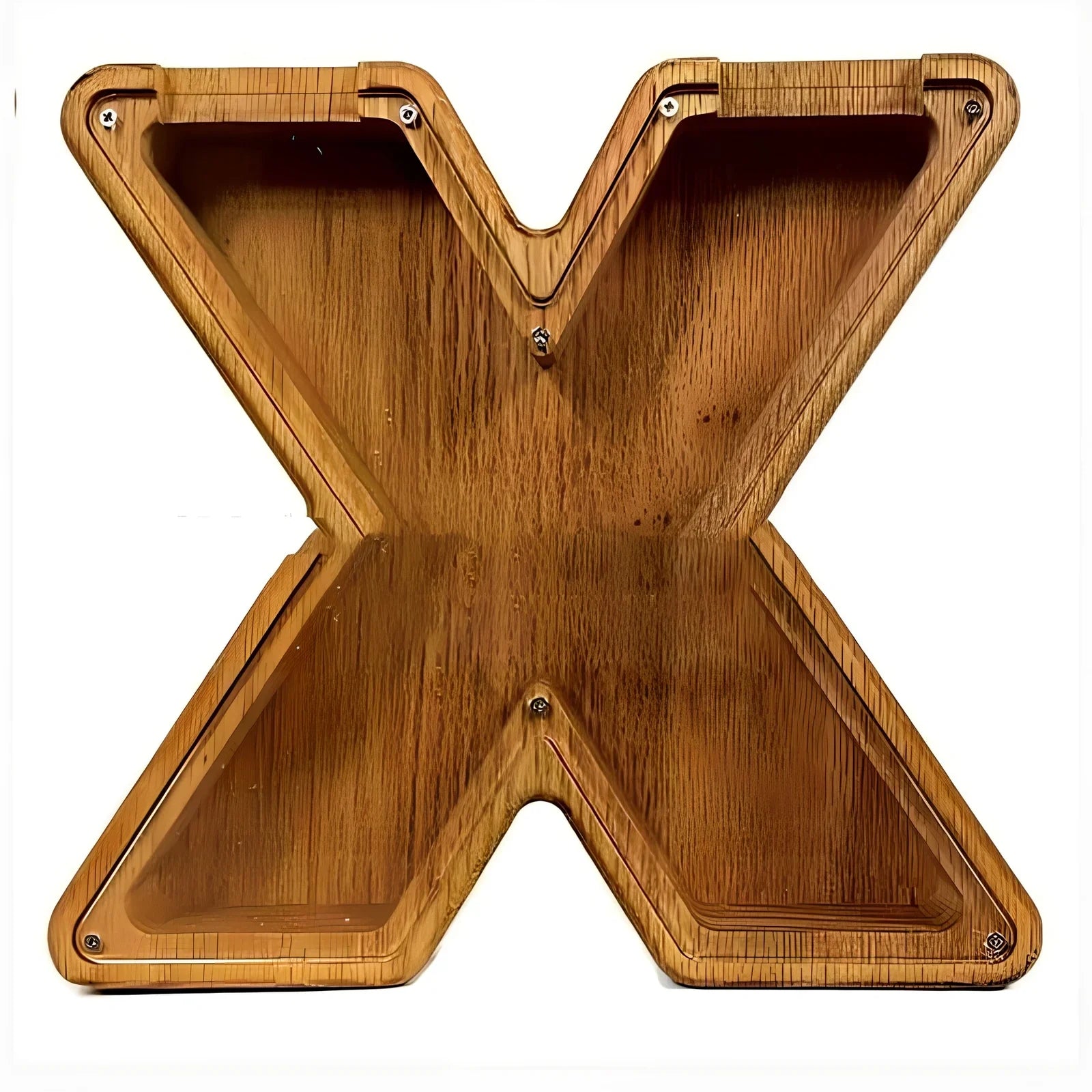 Handmade wooden letter piggy bank with personalised initial, showing 15cm height and 5cm coin slot for UK coins