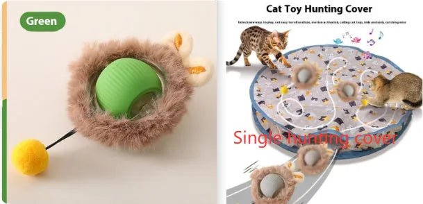 Plush silicone rolling ball cat toy in red, green, and grey colour options for feline self-play entertainment