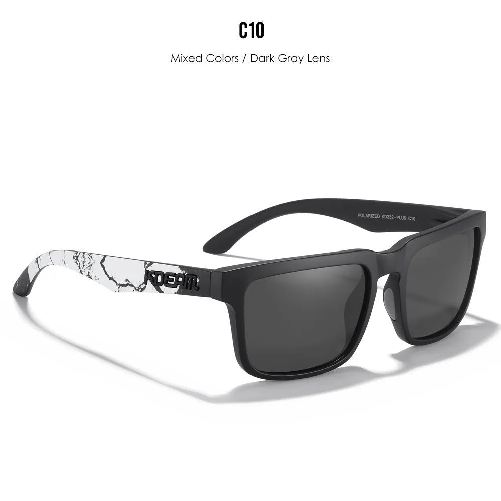 Square polarised sunglasses with TAC lenses and a PC frame, shown in one of 12 available colour options.
