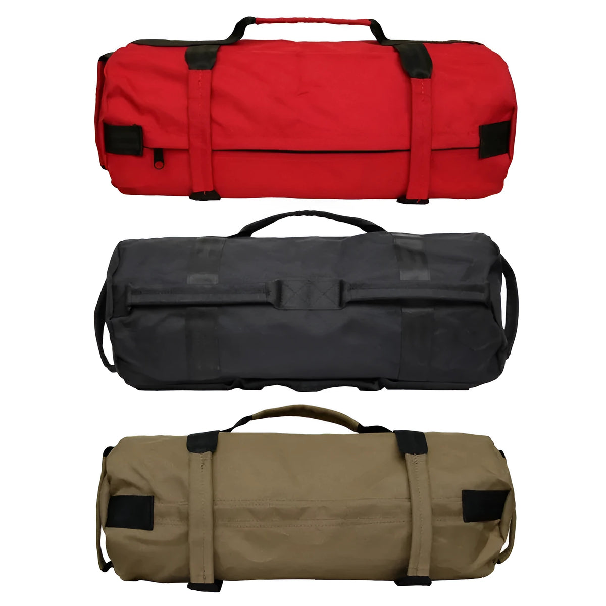 Weight lifting sandbag in 900D Oxford cloth with six handles, 48cm x 20cm size, four inner bags, Black Khaki or Red