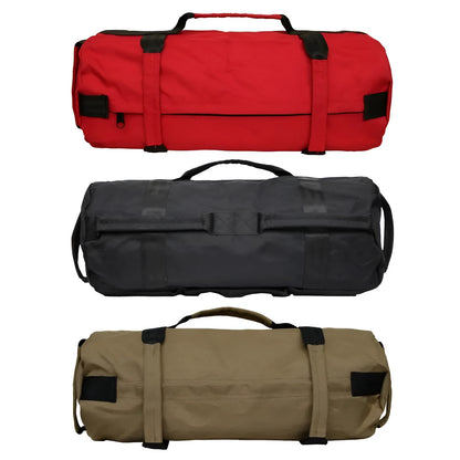 Weight lifting sandbag in 900D Oxford cloth with six handles, 48cm x 20cm size, four inner bags, Black Khaki or Red