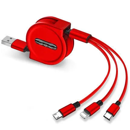 Black telescopic 3-in-1 USB charging cable extended to 120cm with three connectors on a white background.