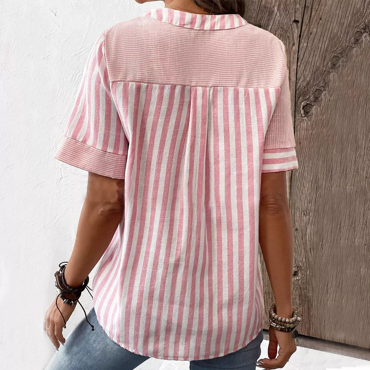Women's summer V-neck short-sleeved shirt with asymmetric stripes patchwork design in light blue, pink, or light green