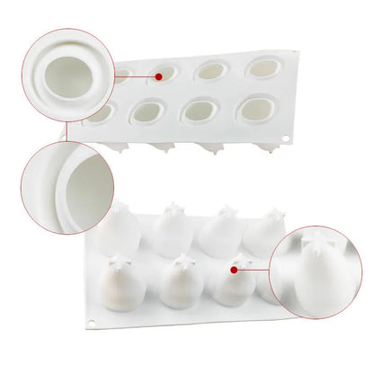 Flexible silicone baking mould with six cavities shaped as pineapples and pine cones for mousse desserts.