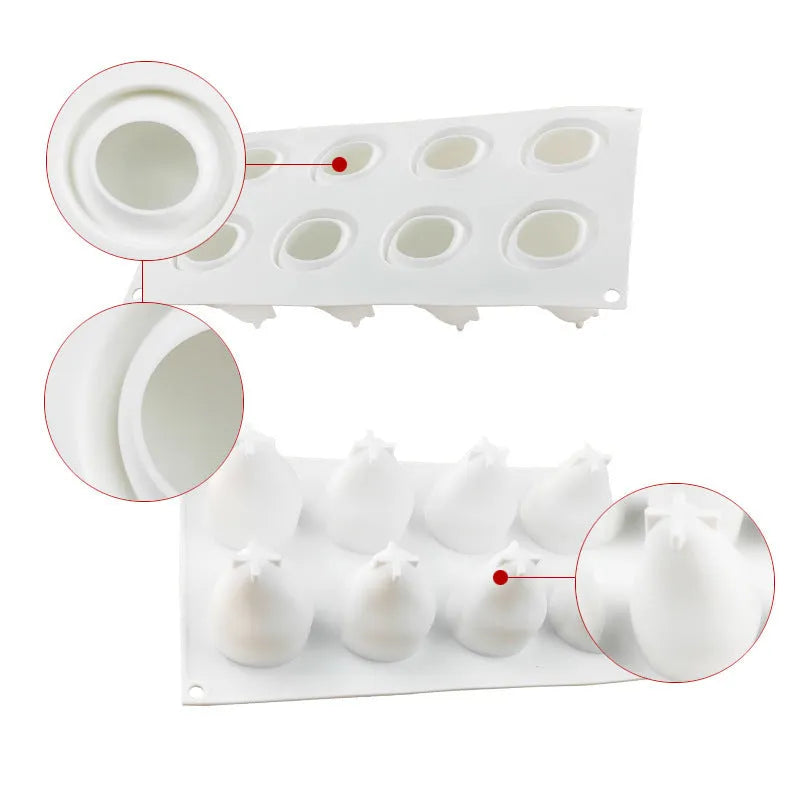 Green silicone baking mould with six cavities shaped like pineapples and pine cones for making desserts.