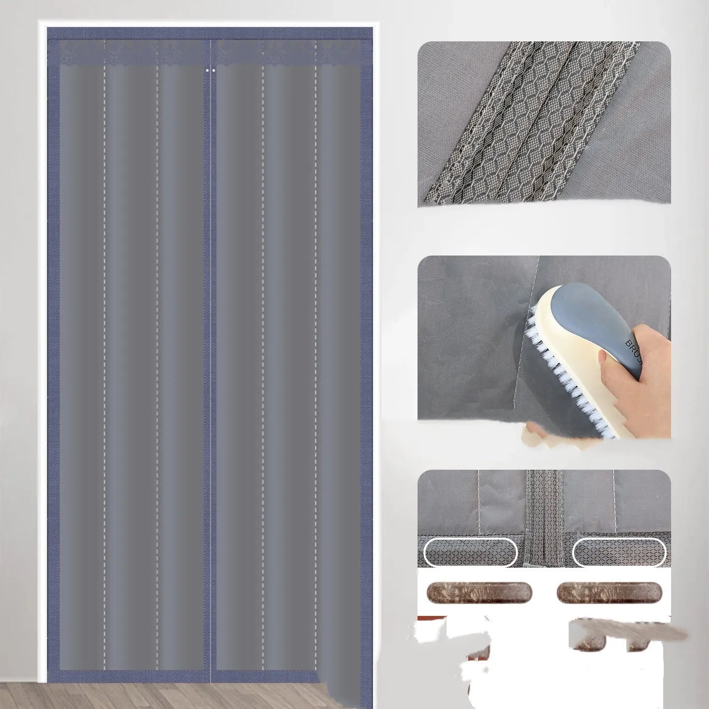 New Chinese style magnetic strip door curtain with vertical stripes in Oxford cloth coffee colour, showing full seam edges and integrated magnetic closure