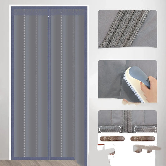 New Chinese style magnetic strip door curtain with vertical stripes in Oxford cloth coffee colour, showing full seam edges and integrated magnetic closure
