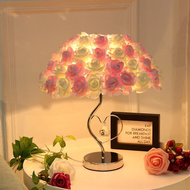 Rose heart-shaped table lamp with metal base in blue colour, measuring 44cm tall