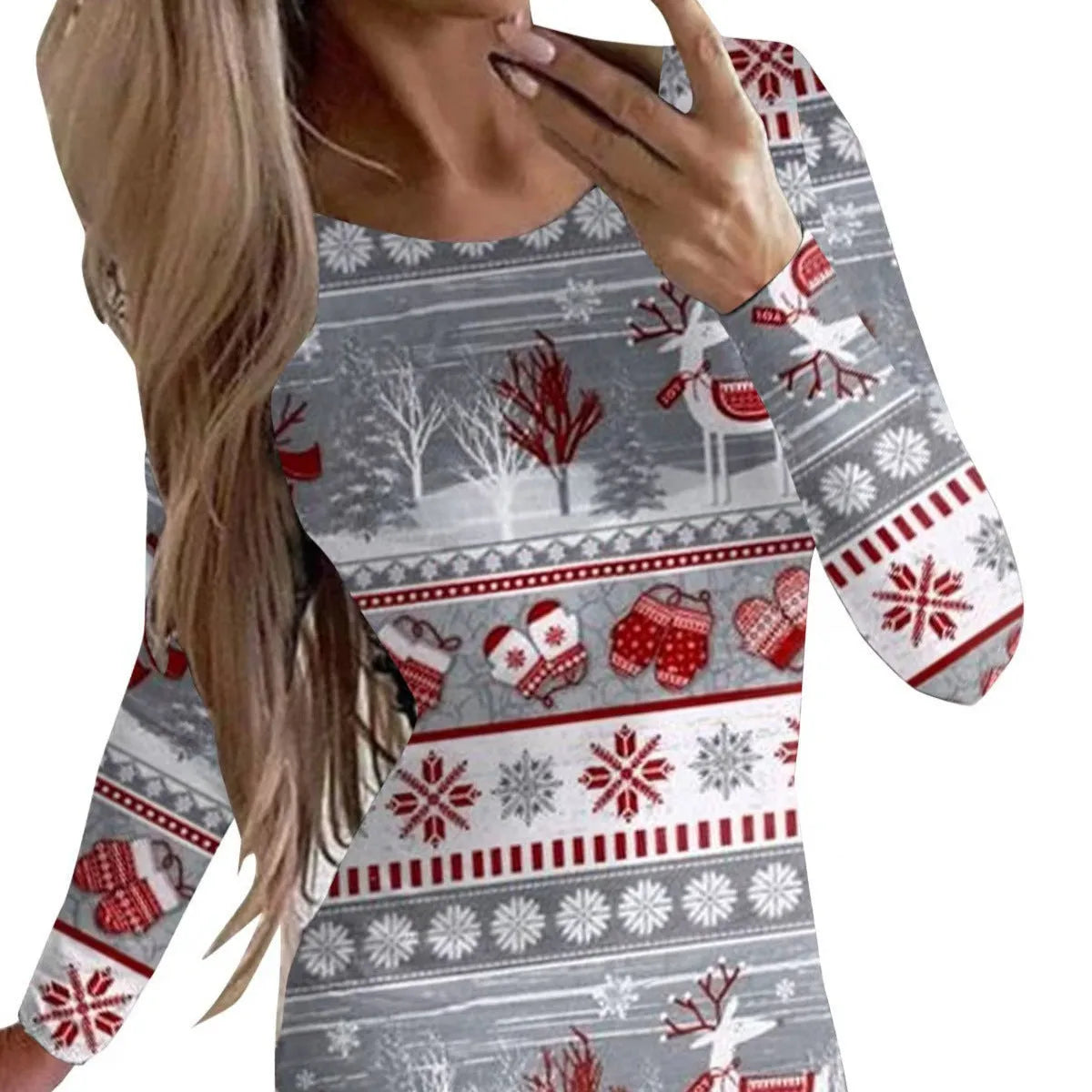 Christmas dress with animal patterns in floral colours, featuring round neck, long sleeves, and mid-waist hip skirt design