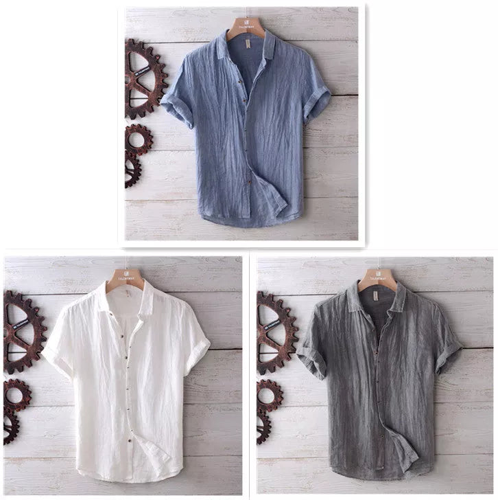 Men's solid color retro distressed linen shirt in white, blue, and gray