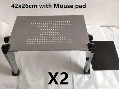 Black aluminium folding computer desk with adjustable legs and non-slip baffles for laptop stability