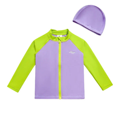 Girls' long sleeve swimsuit with split skirt in gradually varied pink colour, showing complete arm coverage and skirt design